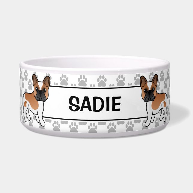 Red Pied French Bulldog Cute Cartoon Dog & Name Bowl (Front)