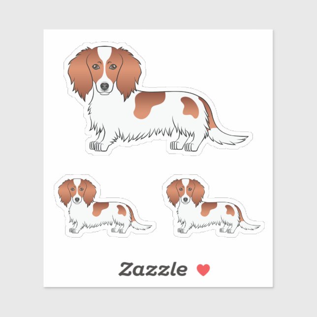 Red Pied Long Hair Dachshund Cartoon Dog Drawings Sticker (Sheet)