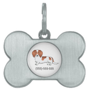 Red Pied Long Hair Dachshund Cartoon Dog & Number Pet ID Tag