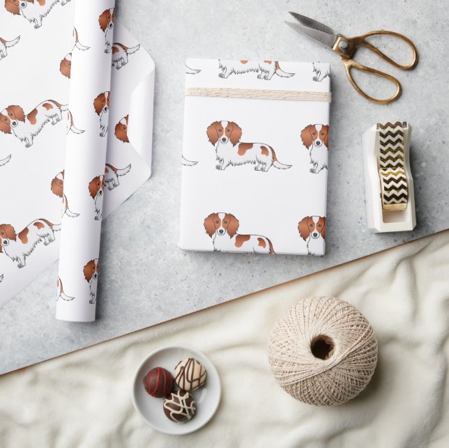 Red Pied Long Hair Dachshund Cartoon Dog Pattern Wrapping Paper (Crafts)