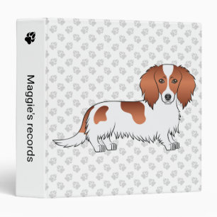 Red Pied Long Hair Dachshund Cartoon Dog & Text 3 Ring Binder