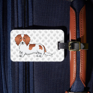 Red Pied Long Hair Dachshund Cartoon Dog &amp; Text Luggage Tag