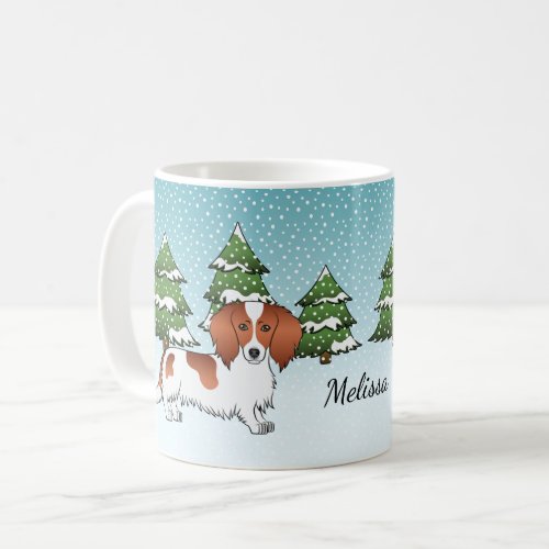 Red Pied Long Hair Dachshund Dog _ Winter Forest Coffee Mug