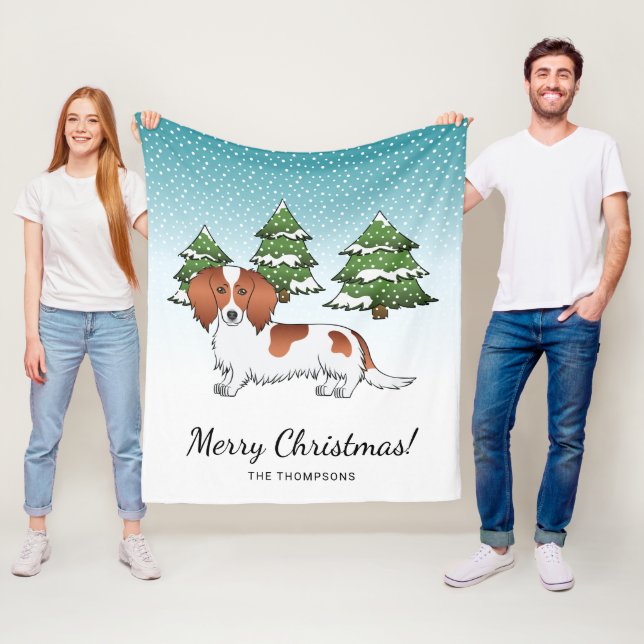 Red Pied Long Hair Dachshund Dog - Winter Forest Fleece Blanket (In Situ)