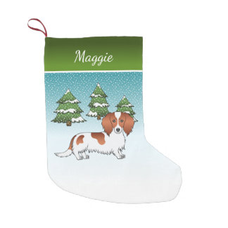 Red Pied Long Hair Dachshund Dog - Winter Forest Small Christmas Stocking