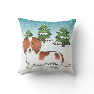 Red Pied Long Hair Dachshund Dog - Winter Forest Throw Pillow