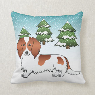 Red Pied Long Hair Dachshund Dog - Winter Forest Throw Pillow