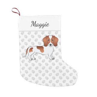 Red Pied Short Hair Dachshund Cartoon Dog &amp; Name Small Christmas Stocking