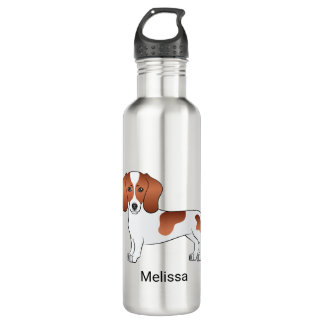 Red Pied Short Hair Dachshund Cartoon Dog &amp; Name Stainless Steel Water Bottle