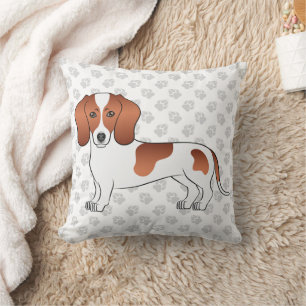 Red Pied Short Hair Dachshund Cartoon Dog & Paws Throw Pillow