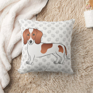 Red Pied Short Hair Dachshund Cartoon Dog &amp; Paws Throw Pillow