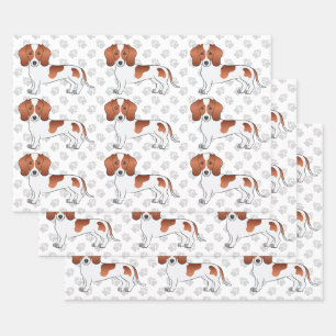 Red Pied Short Hair Dachshund Dog Pattern & Paws Wrapping Paper Sheets