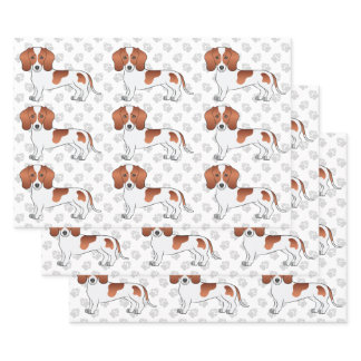 Red Pied Short Hair Dachshund Dog Pattern &amp; Paws Wrapping Paper Sheets