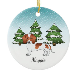 Red Pied Short Hair Dachshund Dog - Winter Forest Ceramic Ornament