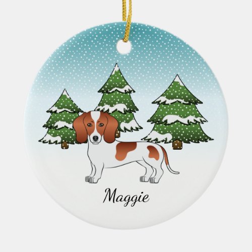 Red Pied Short Hair Dachshund Dog _ Winter Forest Ceramic Ornament