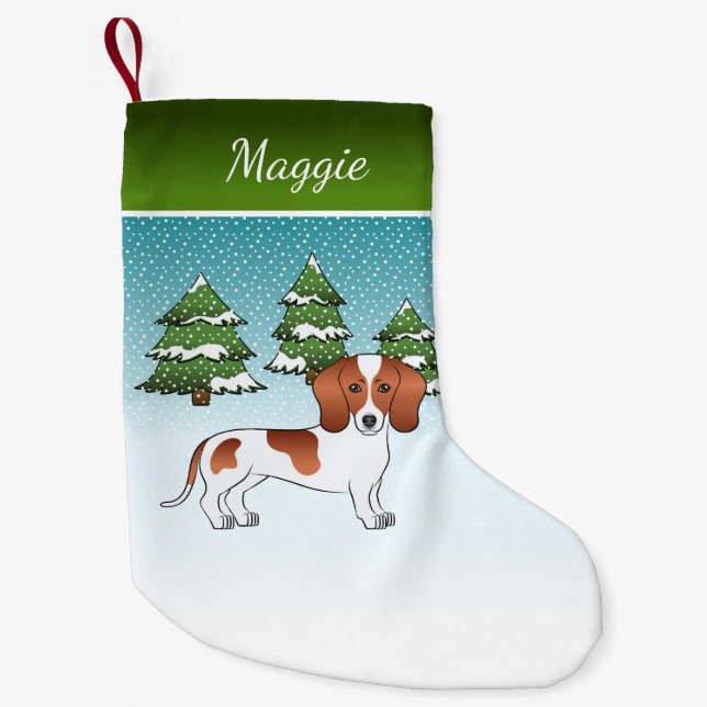 Red Pied Short Hair Dachshund Dog - Winter Forest Small Christmas Stocking (Front)
