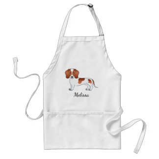 Red Pied Smooth Coat Dachshund Cartoon Dog &amp; Name Adult Apron