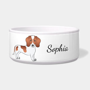 Red Pied Smooth Coat Dachshund Cartoon Dog & Name Bowl