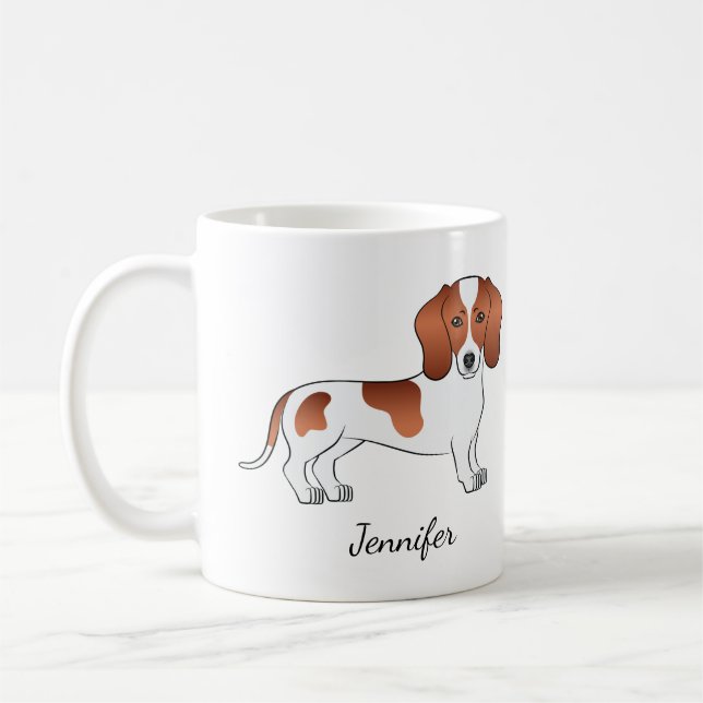 Red Pied Smooth Coat Dachshund Cartoon Dog & Name Coffee Mug (Left)