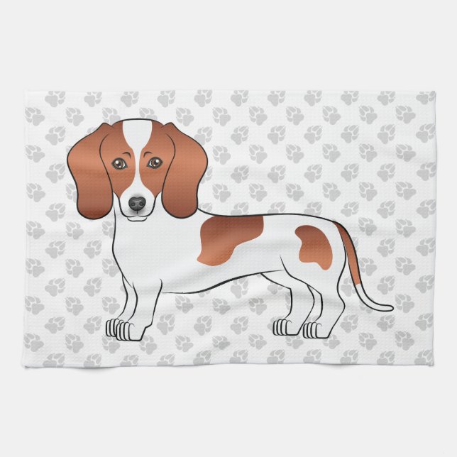 Red Pied Smooth Coat Dachshund Cartoon Dog & Paws Kitchen Towel (Horizontal)