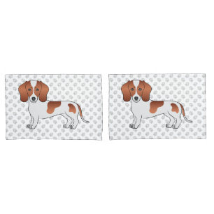 Red Pied Smooth Coat Dachshund Cartoon Dog & Paws Pillow Case