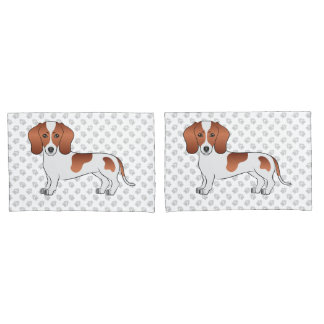 Red Pied Smooth Coat Dachshund Cartoon Dog &amp; Paws Pillow Case