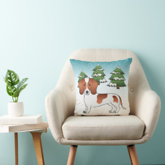 Red Pied Smooth Hair Dachshund Dog - Winter Forest Throw Pillow