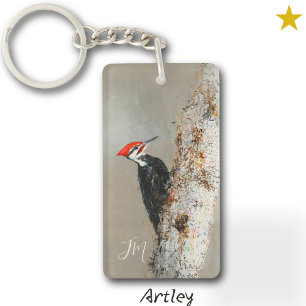 Red Pileated Woodpecker Bird Painting Initials Keychain