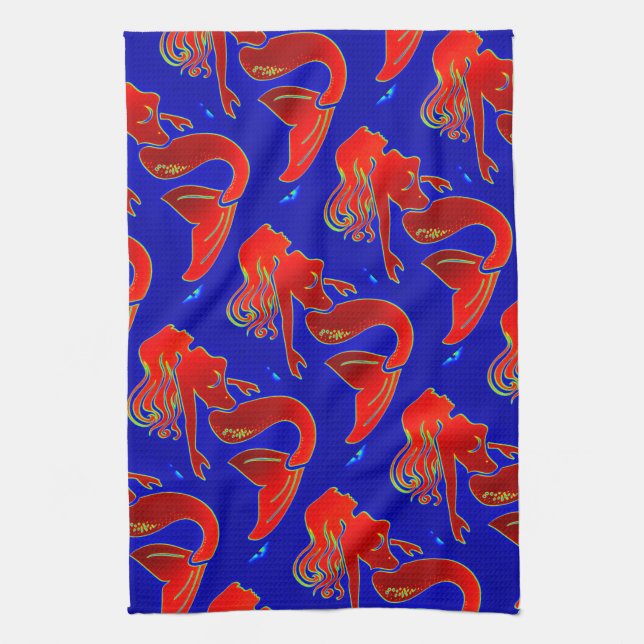 red pin-up mermaids kitchen towel (Vertical)