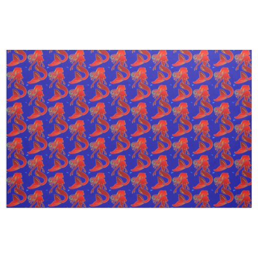 red pin-up mermaids on blue fabric