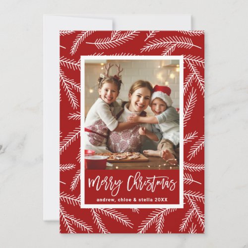 Red Pine Branch Pattern Merry Christmas Photo Holiday Card