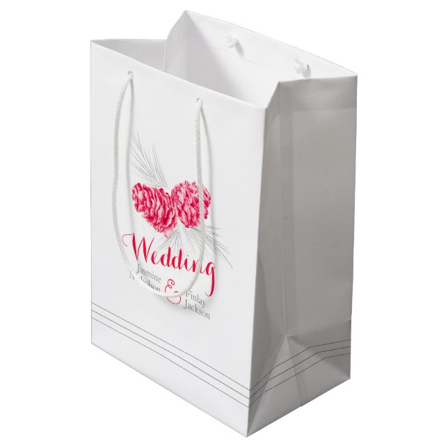 Red pine cone drawing wedding favor gift bag (Back Angled)