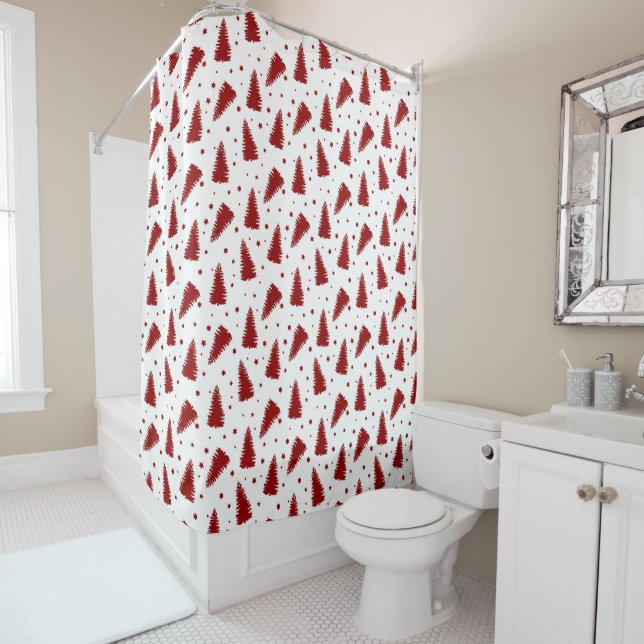 red pine forest winter holiday shower curtain (In Situ)
