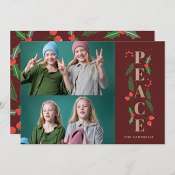 Red Pine Holly Berries Gold Peace Multiple Photo Holiday Card by XmasMall at Zazzle