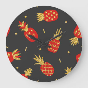Red pineapple, glitter, black background. large clock