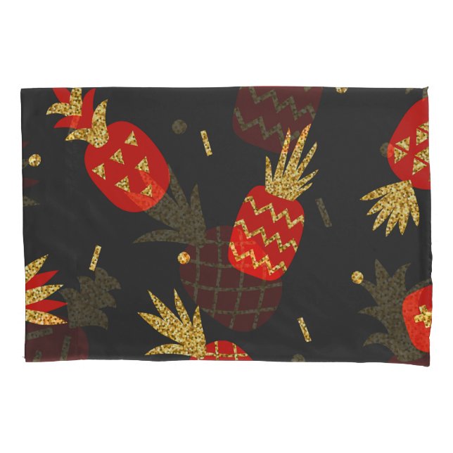 Red pineapple, glitter, black background. pillow case (Front)