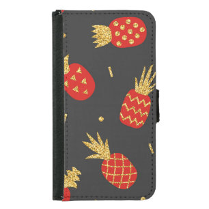 Red pineapple, glitter, black background. samsung galaxy s5 wallet case