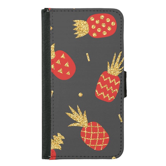Red pineapple, glitter, black background. samsung galaxy wallet case (Front)