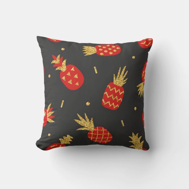 Red pineapple, glitter, black background. throw pillow (Front)