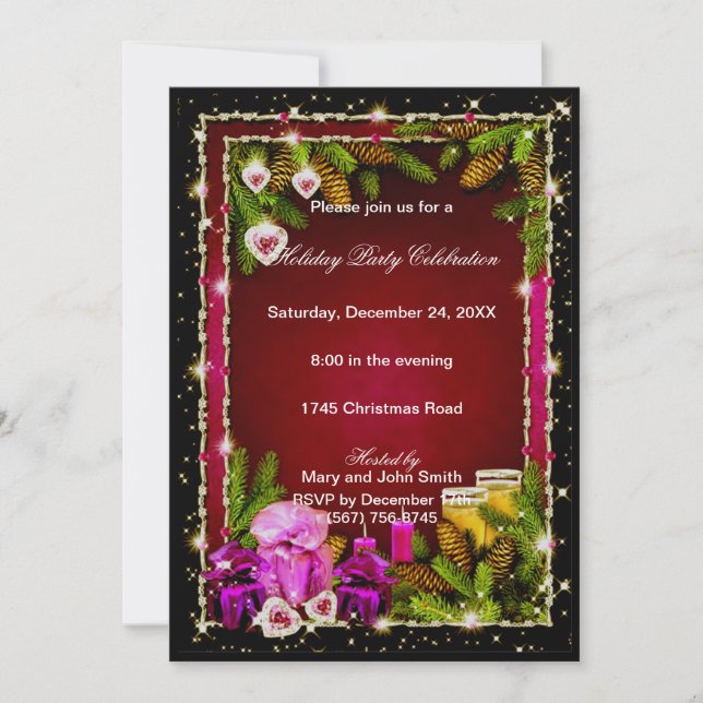 Red Pinecones Eat Drink Be Merry Christmas Invite (Front)
