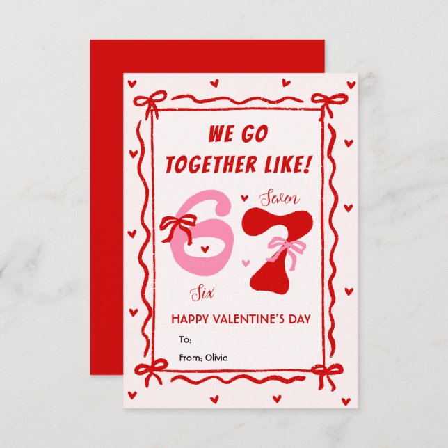 Red Pink 6 7 Meme Coquette Bow Valentines Day Card (Front/Back)