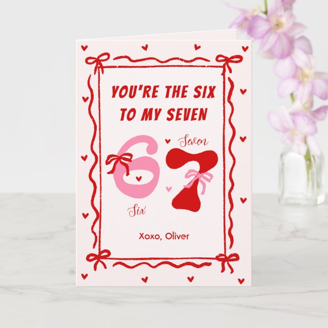 Red Pink 6 7 Meme Coquette Bow Valentines Day Card (Orchid)