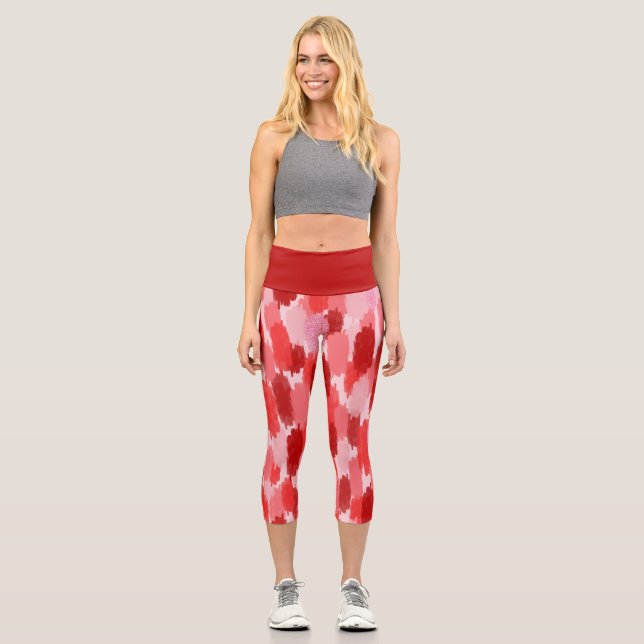 Red Pink Abstract Brushstrokes Pattern Capri Leggings (Front)