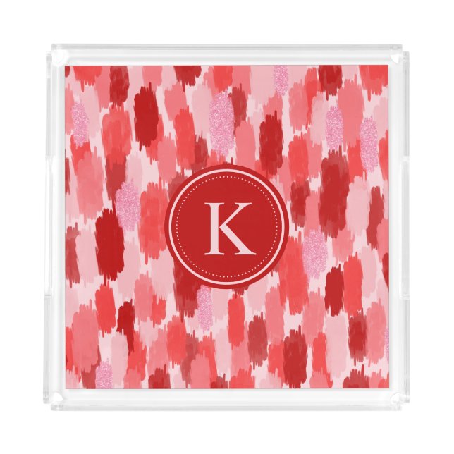 Red Pink Abstract Brushstrokes Pattern Monogram  Acrylic Tray (Front)
