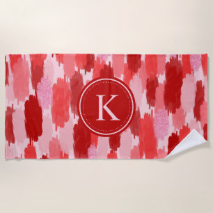 Red Pink Abstract Brushstrokes Pattern Monogram Beach Towel