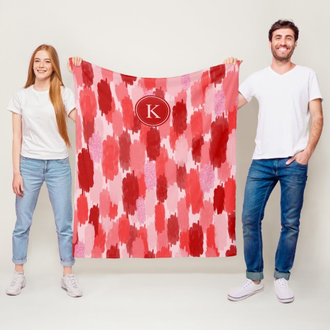 Red Pink Abstract Brushstrokes Pattern Monogram  Fleece Blanket (In Situ)
