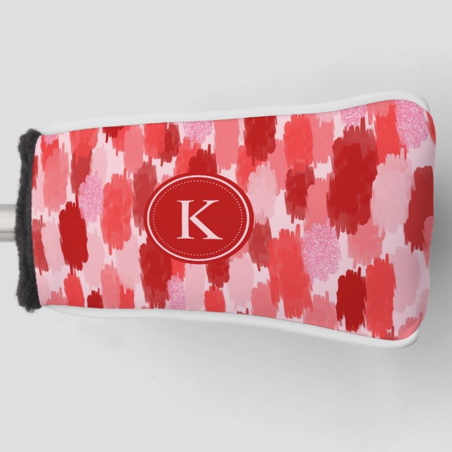 Red Pink Abstract Brushstrokes Pattern Monogram  Golf Head Cover (Front)