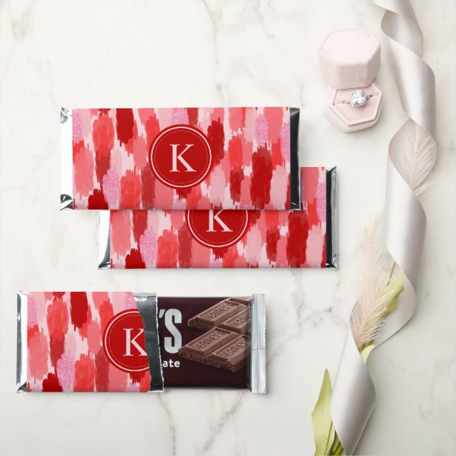 Red Pink Abstract Brushstrokes Pattern Monogram  Hershey Bar Favors (Front)