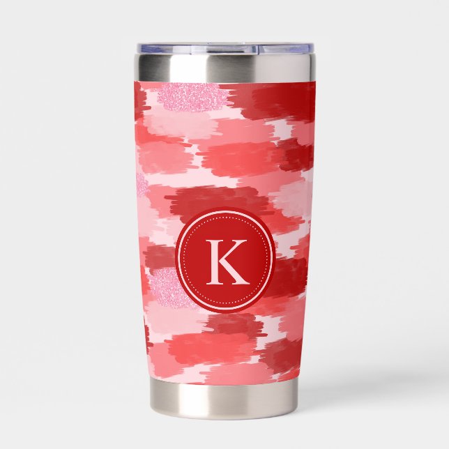Red Pink Abstract Brushstrokes Pattern Monogram Insulated Tumbler (Front)