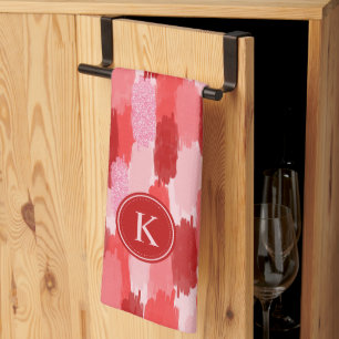 Red Pink Abstract Brushstrokes Pattern Monogram Kitchen Towel